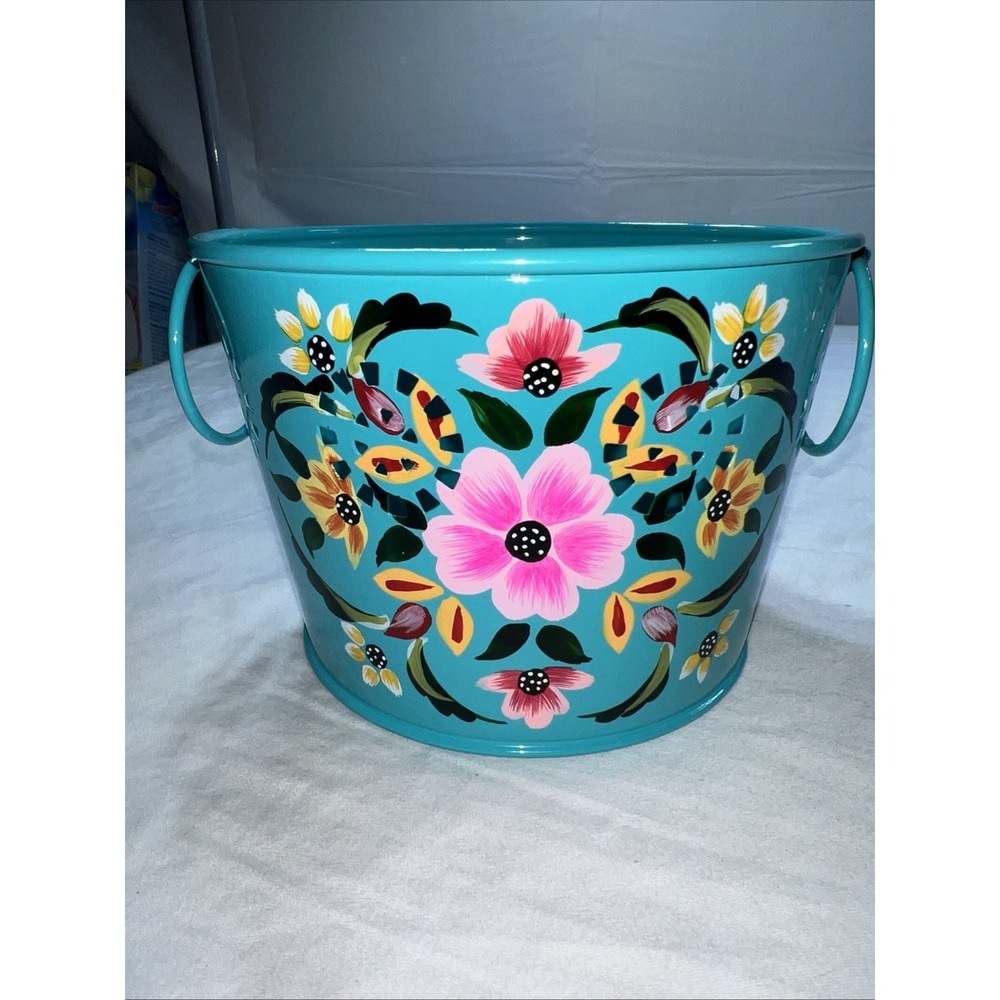 Hand painted Metal Teal Bucket
